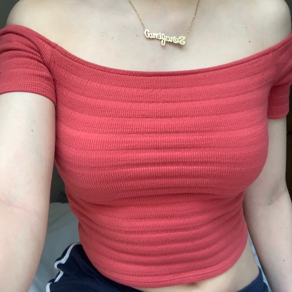 off the shoulder, rose colored crop top